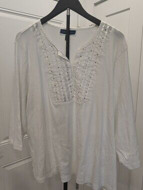 Karen Scott Plus Size 3X White Stud-Accent V-Neck Tunic 3/4 Sleeve Cotton Shirt